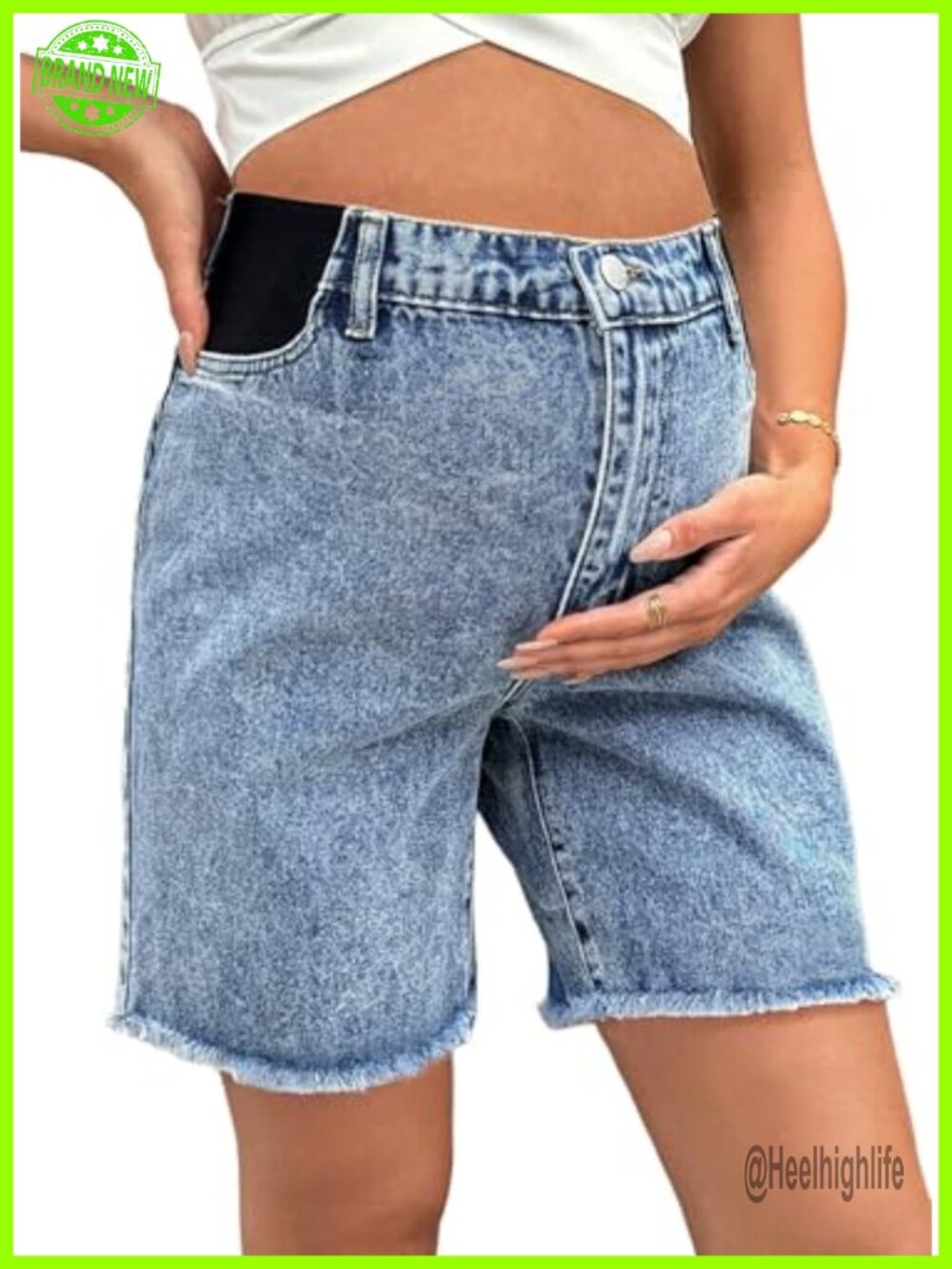 Maternity Denim Bermuda Shorts High Rise Elastic Waist Raw Hem